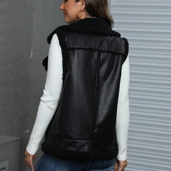 Black Casual Women's Zip Up Teddy Lined Sleeveless Vest Jacket - Picture 2 of 4